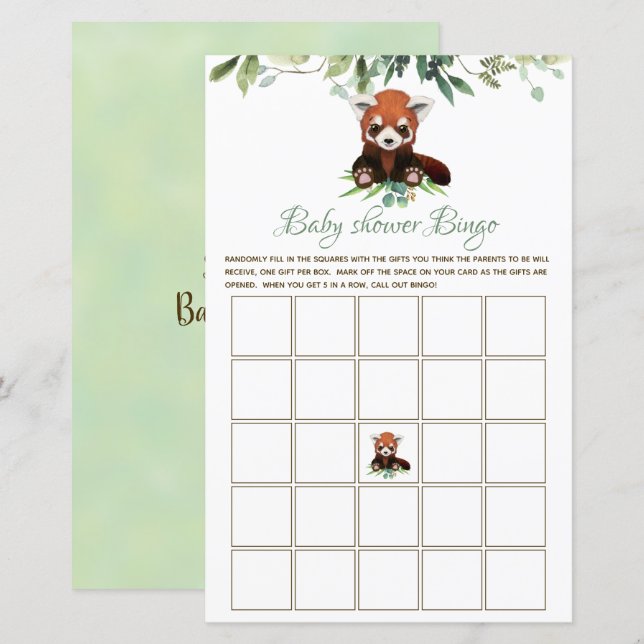 Papier Bingo Baby shower Jeu Red Panda Bear Budget (Devant / Derrière)