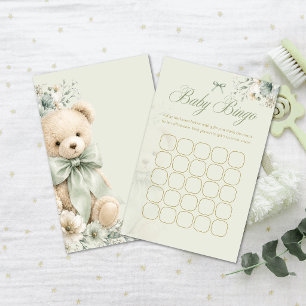 Papier Bingo Baby Shower Vert Sauge Ours en Peluche Flora