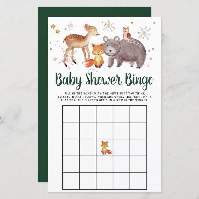Papier Bingo Bébé Hiver Bois Animaux Jeu de douche (Devant / Derrière)