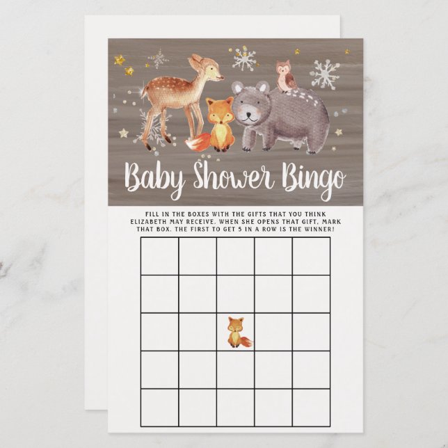 Papier Bingo Bébé Hiver Bois Animaux Jeu de douche (Devant / Derrière)