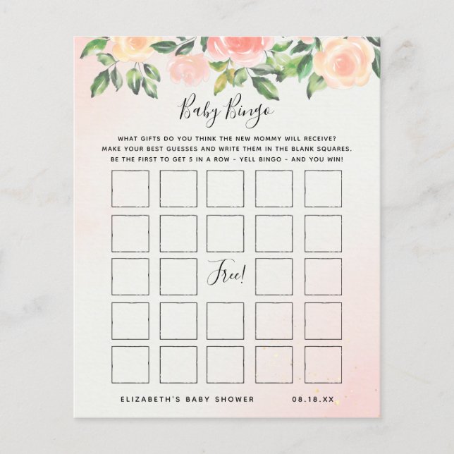 Papier Bingo bébé | Jeu de Baby shower floral (Devant)