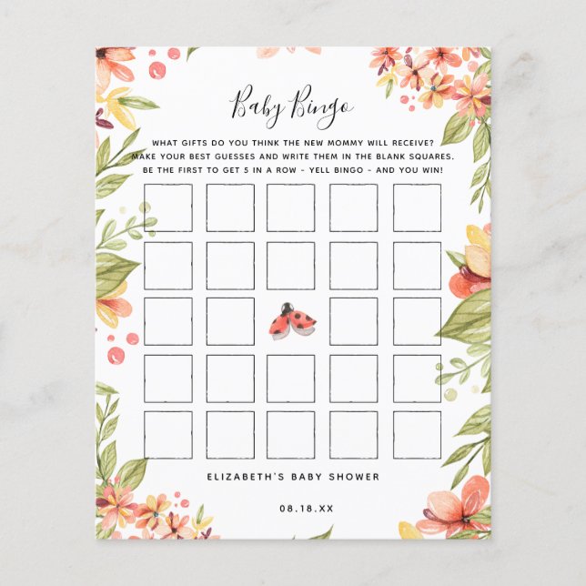 Papier Bingo bébé | Little Ladybug Baby shower Jeu (Devant)