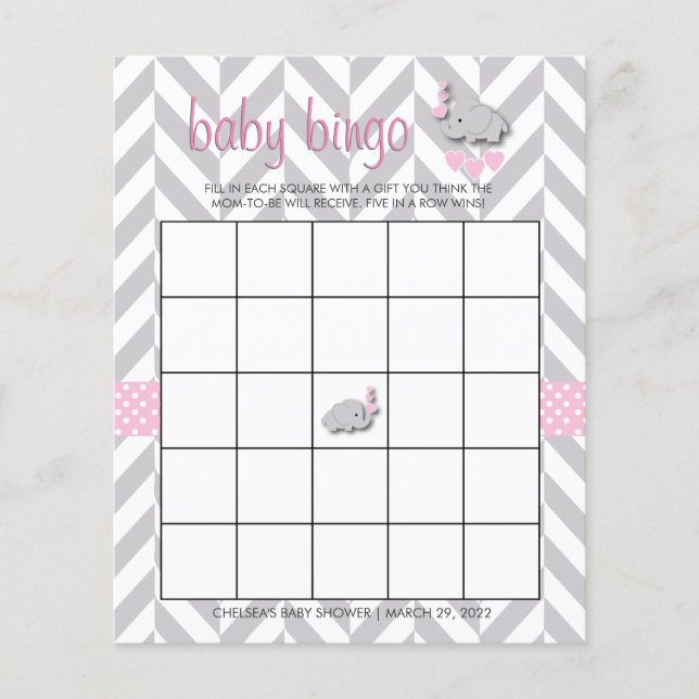 Papier Bingo de Baby shower Eléphant rose et gris (Devant)