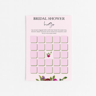 Papier Bingo de Baby Shower Mariage Fleurs Aquarelle Rose