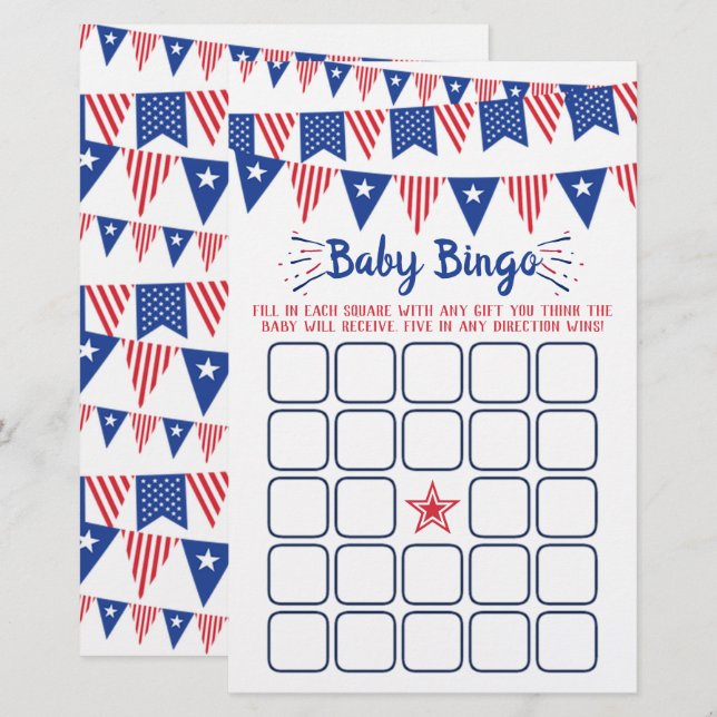 Papier Bingo de Baby shower rouge, blanc et bleu 4 juille (Devant / Derrière)