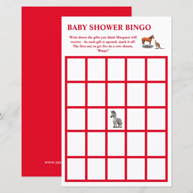 Papier Bingo de Baby Shower sur le thème des Animaux Vari (Devant / Derrière)