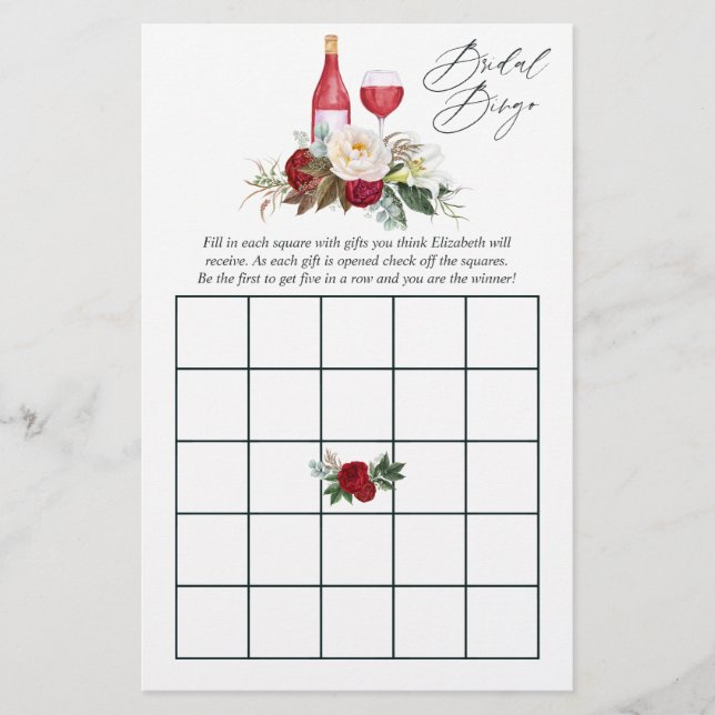 Papier Bingo de dégustation de vin de mariage floral Bour (Devant)