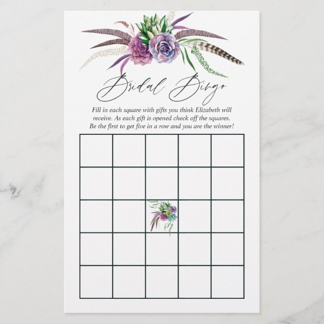 Papier Bingo de douche de mariée bohème mystique de succu (Devant)