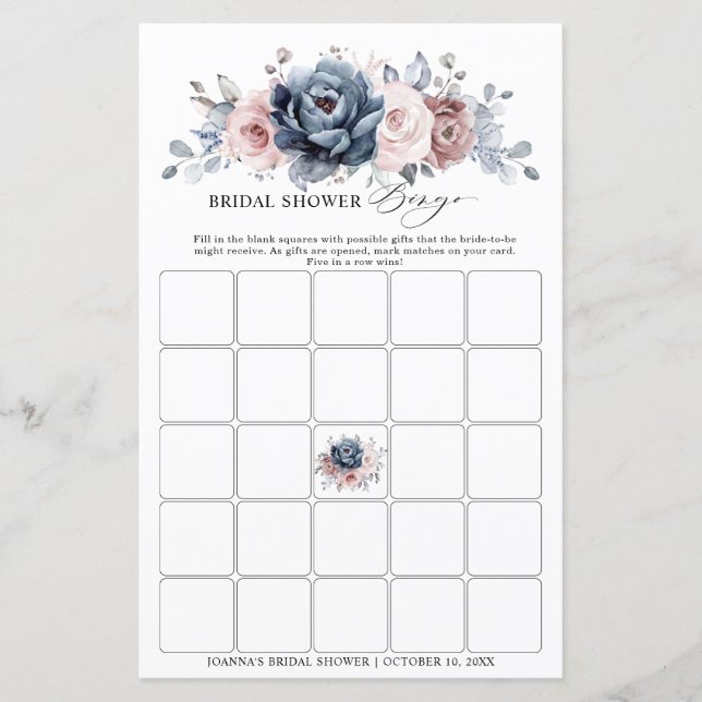 Papier Bingo de Fête des mariées rose Rose bleu Dusty (Devant)
