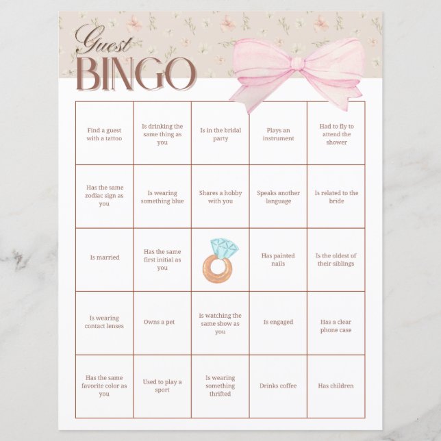 Papier Bingo de Invités à une Fête de Mariée (Devant)