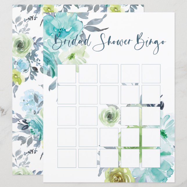 Papier Bingo de mariage floral bleu clair jaune vert (Devant / Derrière)