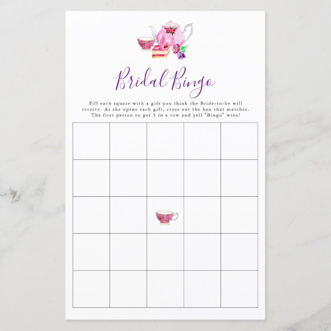 Papier Bingo de mariage Jeu de Baby Shower Thé Violet  (Devant)