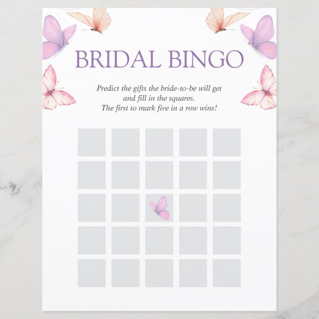 Papier Bingo de mariage Papillons Jeu de Baby Shower Mari (Devant)