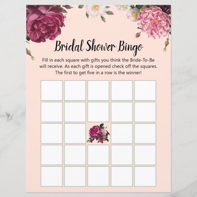 Papier Bingo de mariée à l'élégante Bourgogne et aux fleu (Devant)