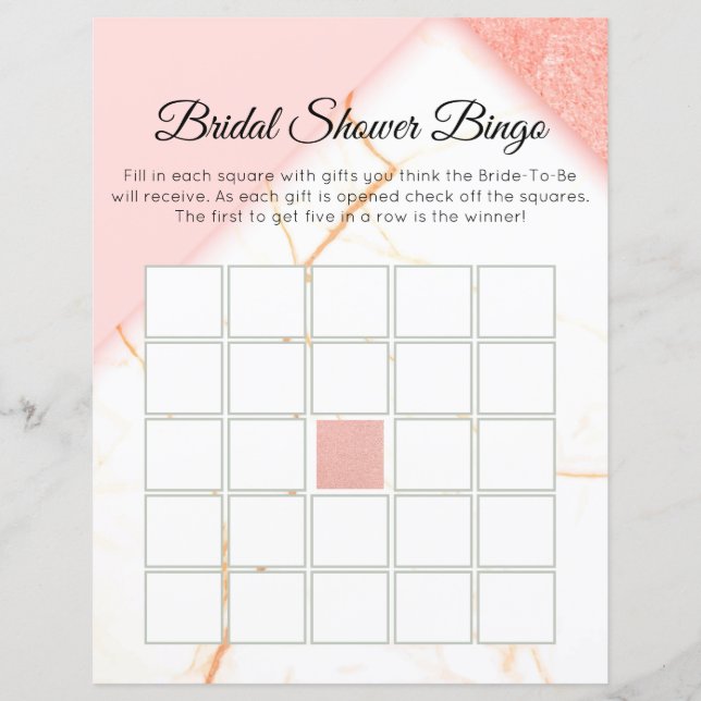 Papier Bingo de mariée moderne en marbre rose et or (Devant)