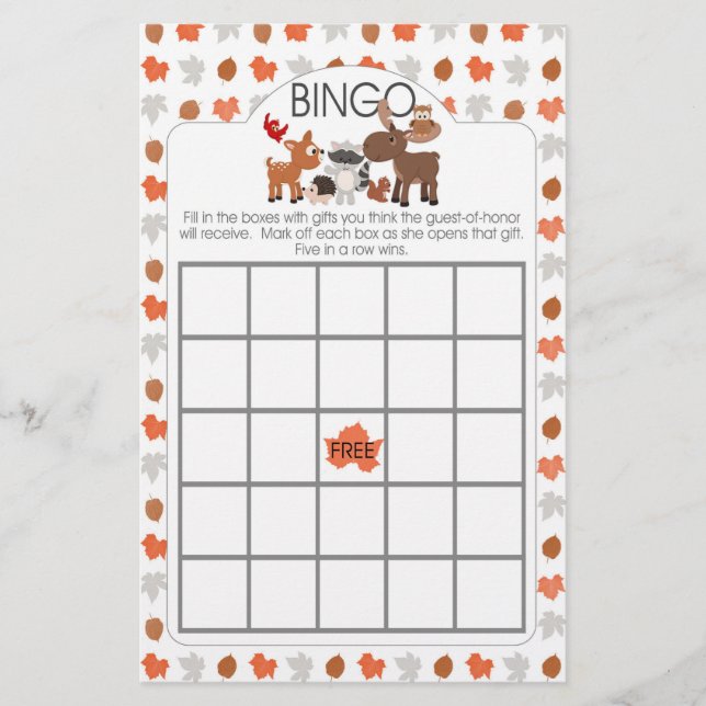 Papier Bingo et jeux de baby shower pour animaux de bois (Devant)