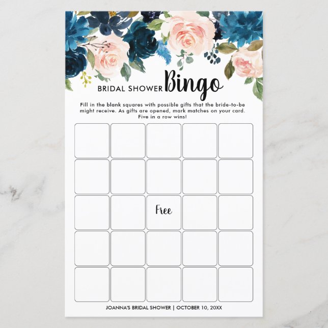 Papier Bingo Fête des mariées florale bleu bleu marine (Devant)