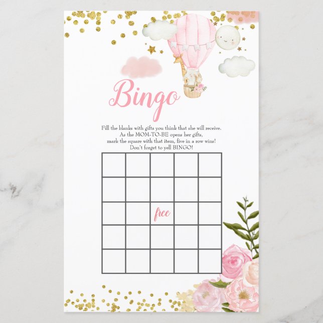 Papier Bingo Montgolfière Rose Jungle Baby Shower (Devant)