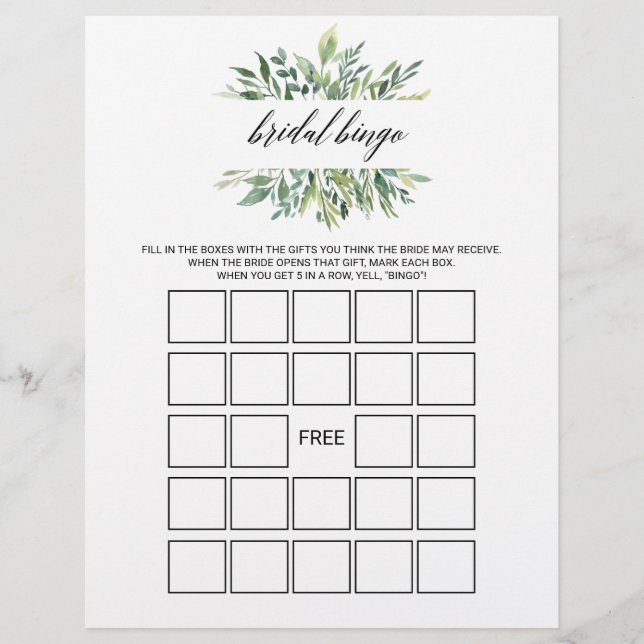 Papier Bingo nuptiale vert moderne, jeu de Fête des marié (Devant)