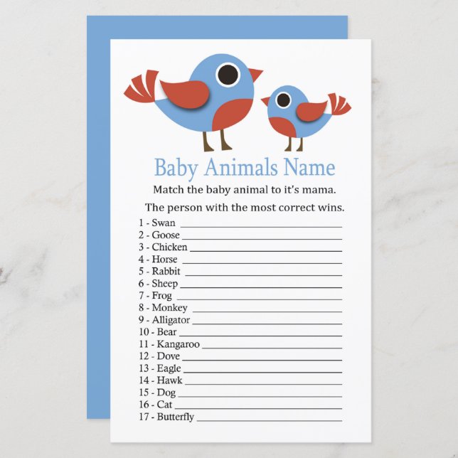 Papier Bird Baby Animaux Nom Jeu (Devant / Derrière)