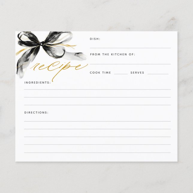 Papier Black and Gold Bow Bridal Shower Recipe Card (Devant)