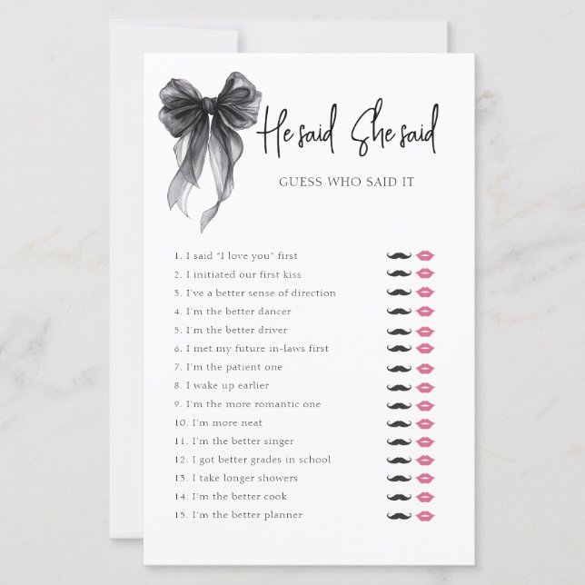 Papier Black Bow Il A Dit Qu'Elle A Dit Fête des mariées  (Devant)