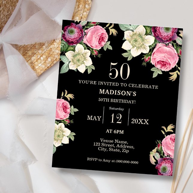 Papier Black Floral 50e Budget Invitation Anniversaire (Créateur téléchargé)