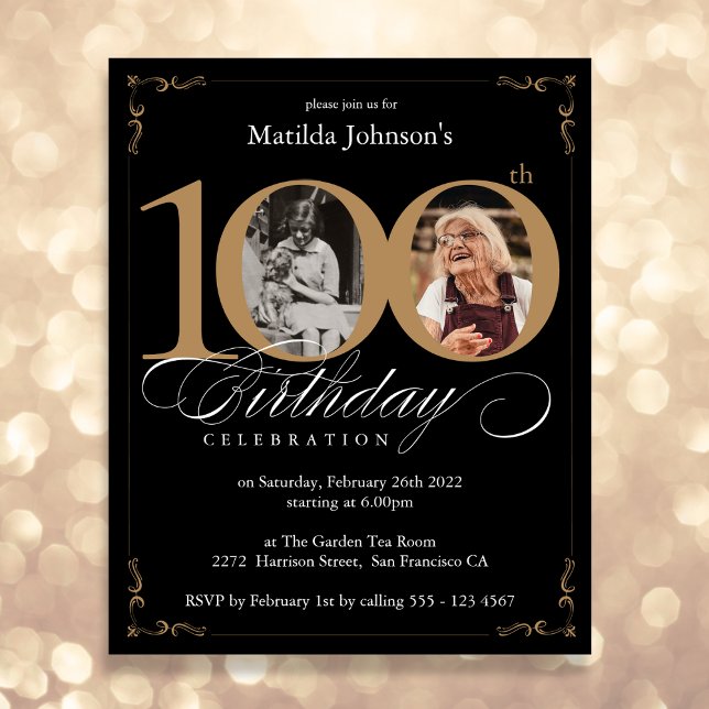 Papier Black Gold Budget Photo 100th Birthday Invitation (Mockup View)