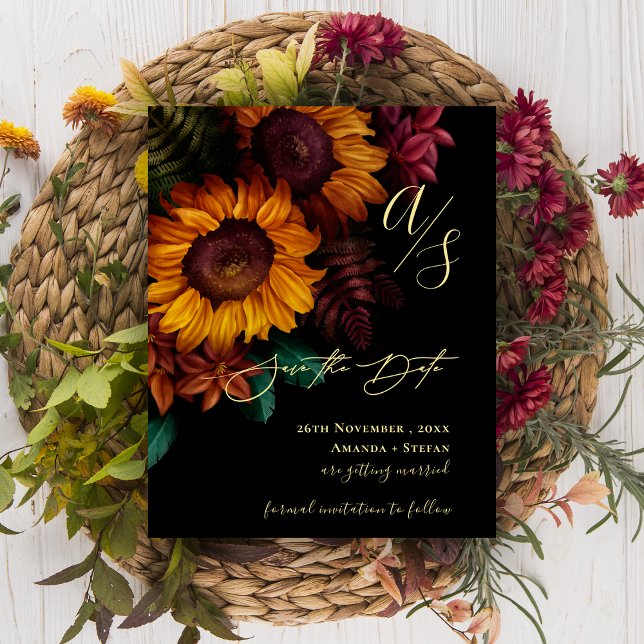 Papier Black & Gold Fall Floral Wedding Enregistrer la da (Black & Gold Fall Floral Wedding Save the Date)