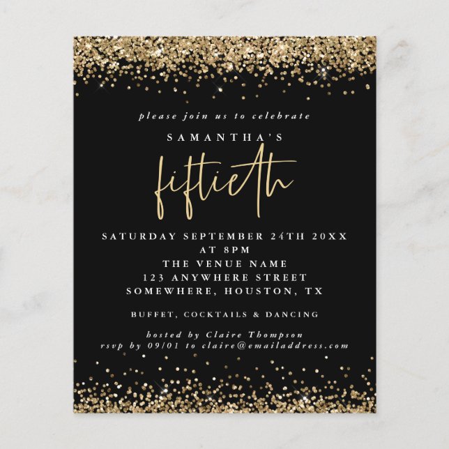 PAPIER | Black Gold Glitzer 50. Party Einladung (Vorne)