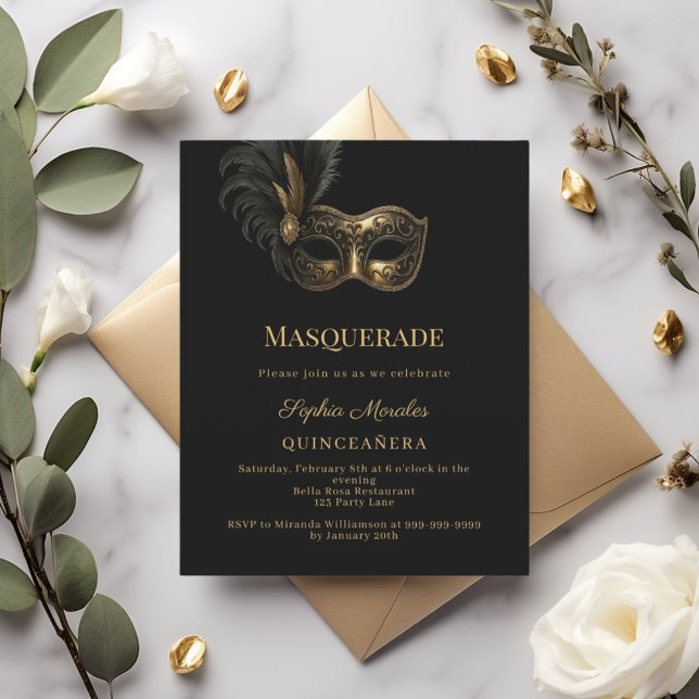 Papier Black gold Masquerade Quinceanera invitation (Créateur téléchargé)