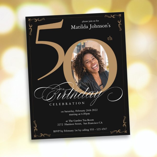 Papier Black Gold Photo Budget 50e anniversaire Invitatio (Budget 50th Birthday Black Gold Photo Invitation)