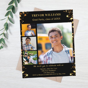 Papier Black gold stars photo Graduation Party invitation