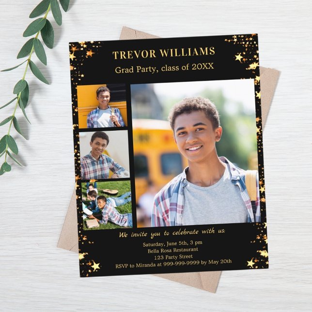 Papier Black gold stars photo Graduation Party invitation (Créateur téléchargé)