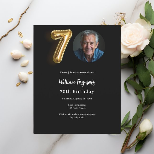 Papier Black or photo 70e anniversaire invitation (Créateur téléchargé)