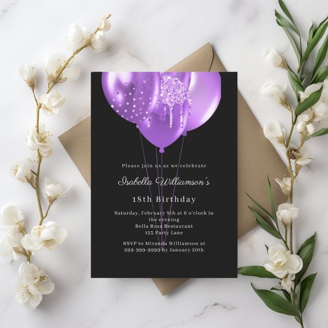 Papier Black purple balloons birthday invitation (Créateur téléchargé)
