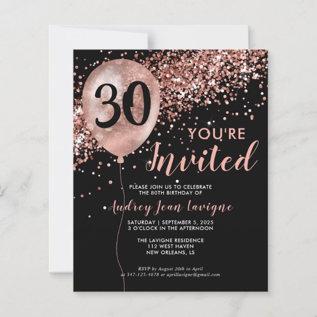 Papier Black Rose Gold Glam Balloon Anniversaire Invitati (Devant)