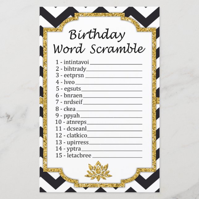 Papier Black White Chevron Anniversaire Word Scramble Jeu (Devant)