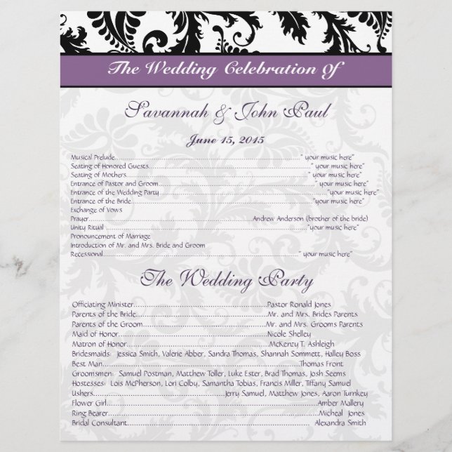 Papier Black & White Damask Purple Band Wedding Program (Devant)