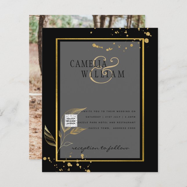 Papier Black White Photo Wedding Inviter QR Code Enregist (Devant / Derrière)