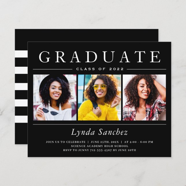 Papier Black White Stripes 3 Invitations de graduation ph (Devant / Derrière)