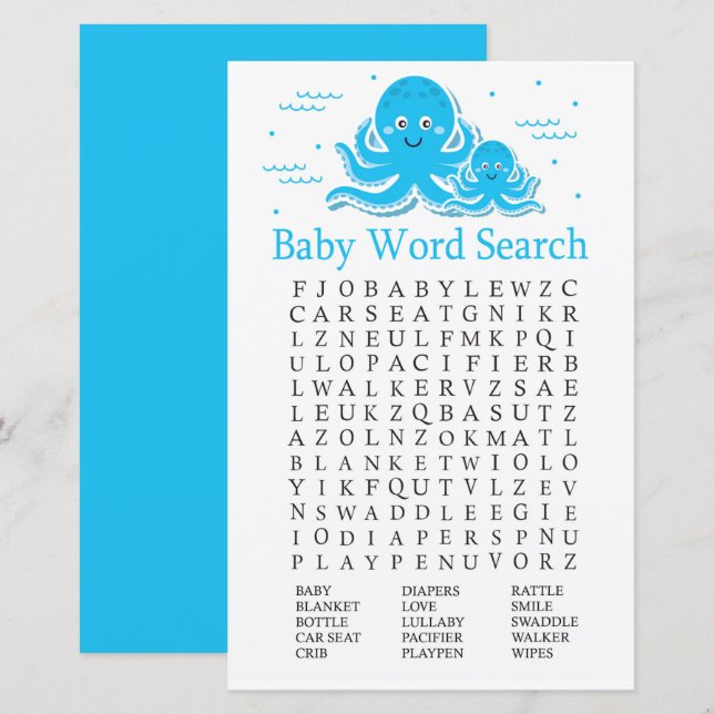 Papier Bleu Baby shower Octopus Word Recherche Jeu (Devant / Derrière)