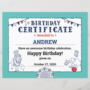 Papier Bleu Carnaval Circus Baby Birthday Certificate