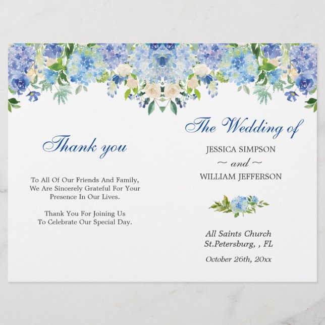 Papier Bleu clair Hydrangée Verdure Mariage plié (Devant)
