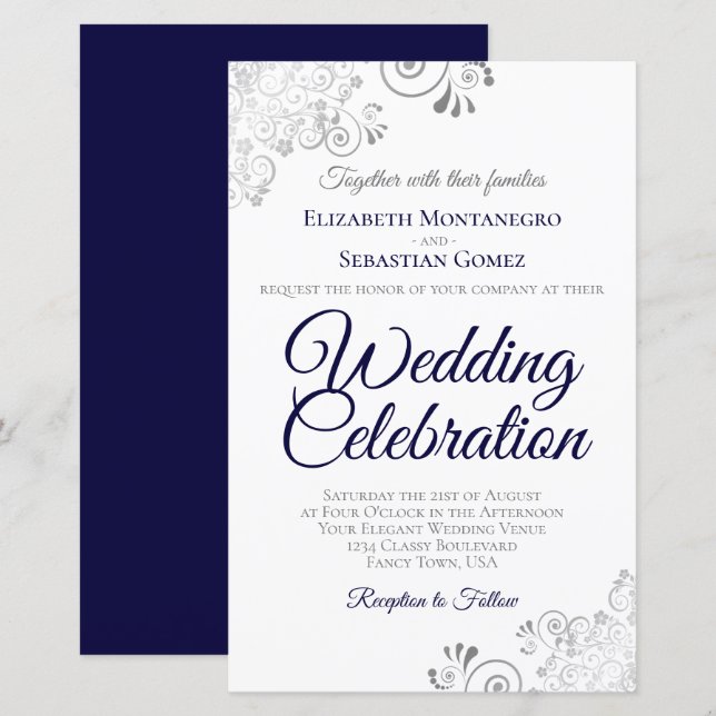 Papier Bleu de la Marine sur blanc BUDGET Mariage Inviter (Devant / Derrière)
