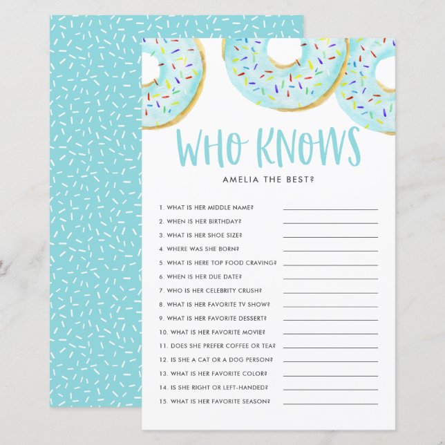 Papier Bleu Donuts Qui Connaît Maman Meilleur Baby shower (Devant / Derrière)