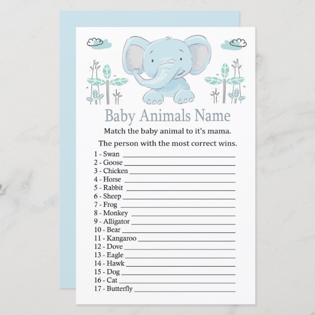 Papier Bleu éléphant Bébé Animaux Nom Jeu (Devant / Derrière)