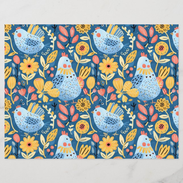 Papier Bleu et jaune poule bouho sans soudure motif (Devant)
