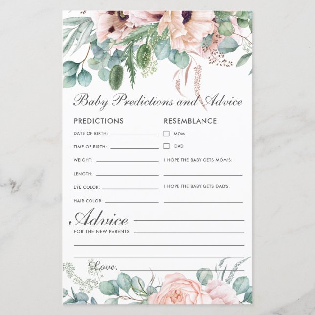 Papier Bleu Floral Baby Prédictions & Conseils Douche (Devant)