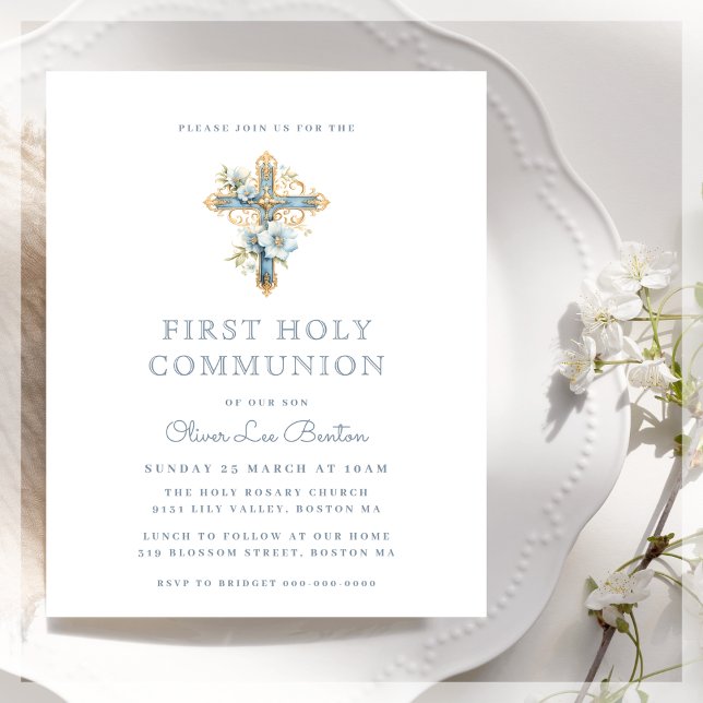 Papier Bleu Floral Première Communion Budget Invitation (Créateur téléchargé)